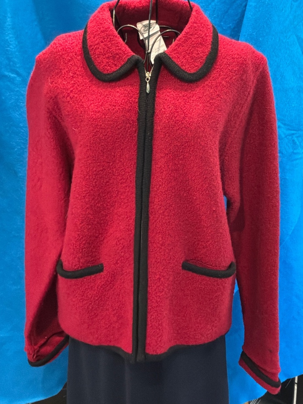 Vintage Laura Ashley Pure Wool Red Boiler Zipper Cardigan Jacket Size M